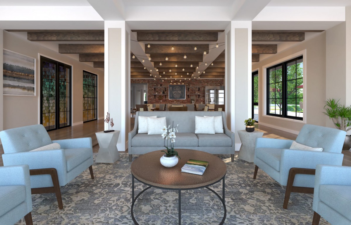 A modern and luxurious living room with a comfortable seating arrangement and elegant decor.