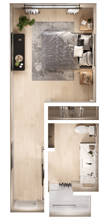 A top-down view of a compact apartment layout featuring a bedroom and bathroom.