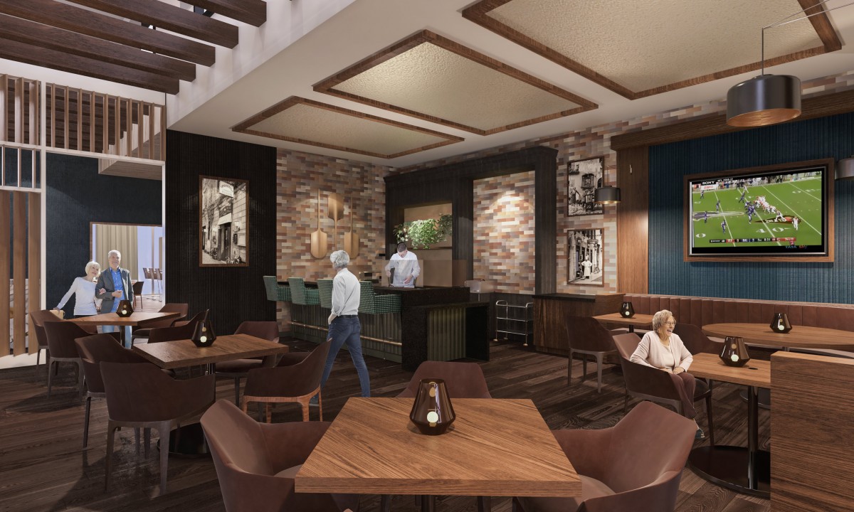 A modern restaurant interior with stylish seating and decor.