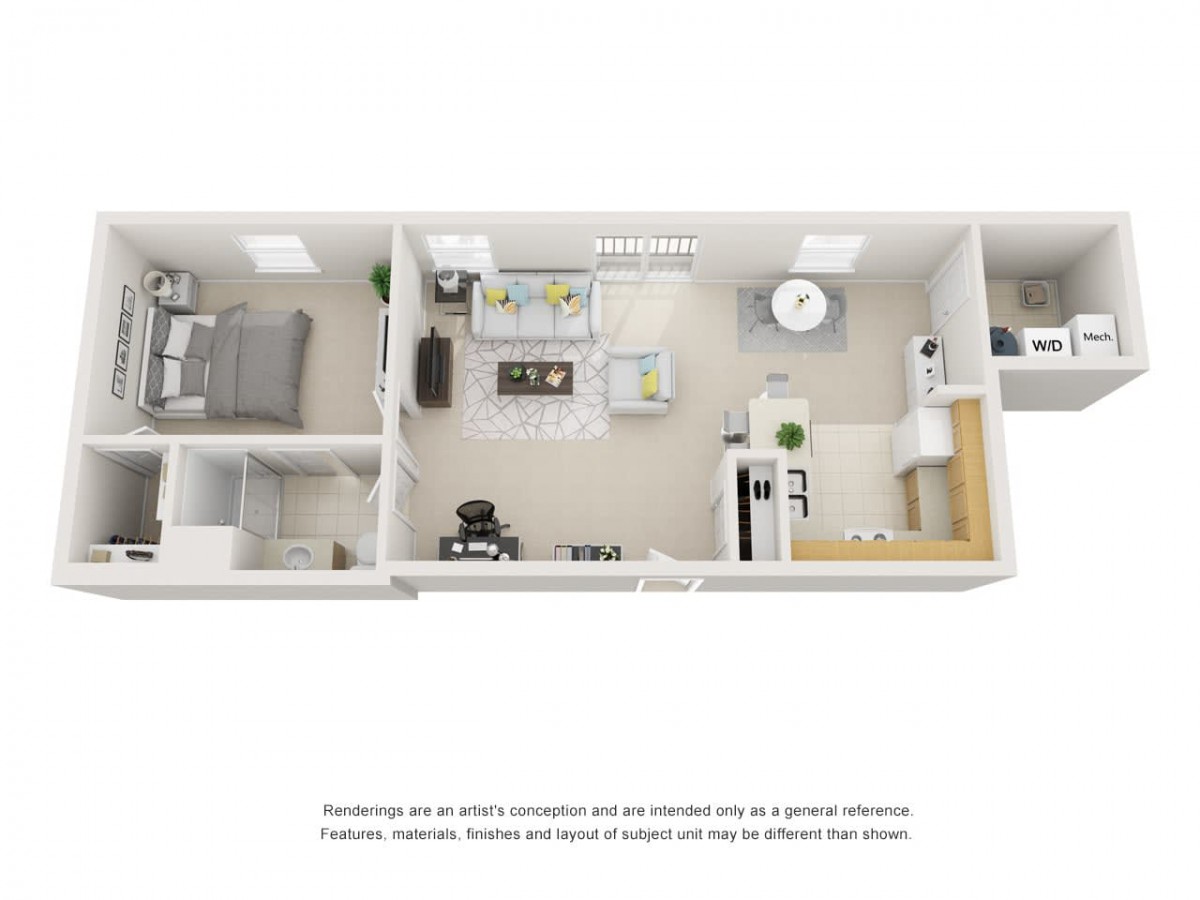 A 3D rendering of a modern apartment floor plan, featuring a kitchen, living room, bedroom, and bathroom.