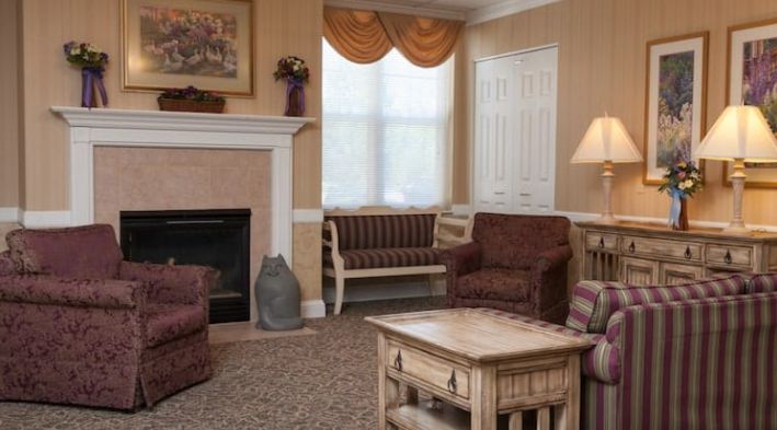 A cozy living room with a fireplace, sofas, and a coffee table.