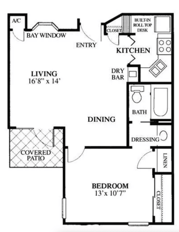 A floor plan of a one-bedroom apartment featuring a living room, kitchen, dining area, bathroom, and covered patio.