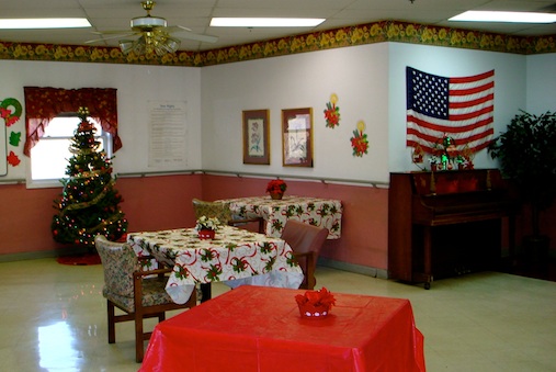 A cozy dining area decorated for the holidays, featuring a Christmas tree and an American flag.