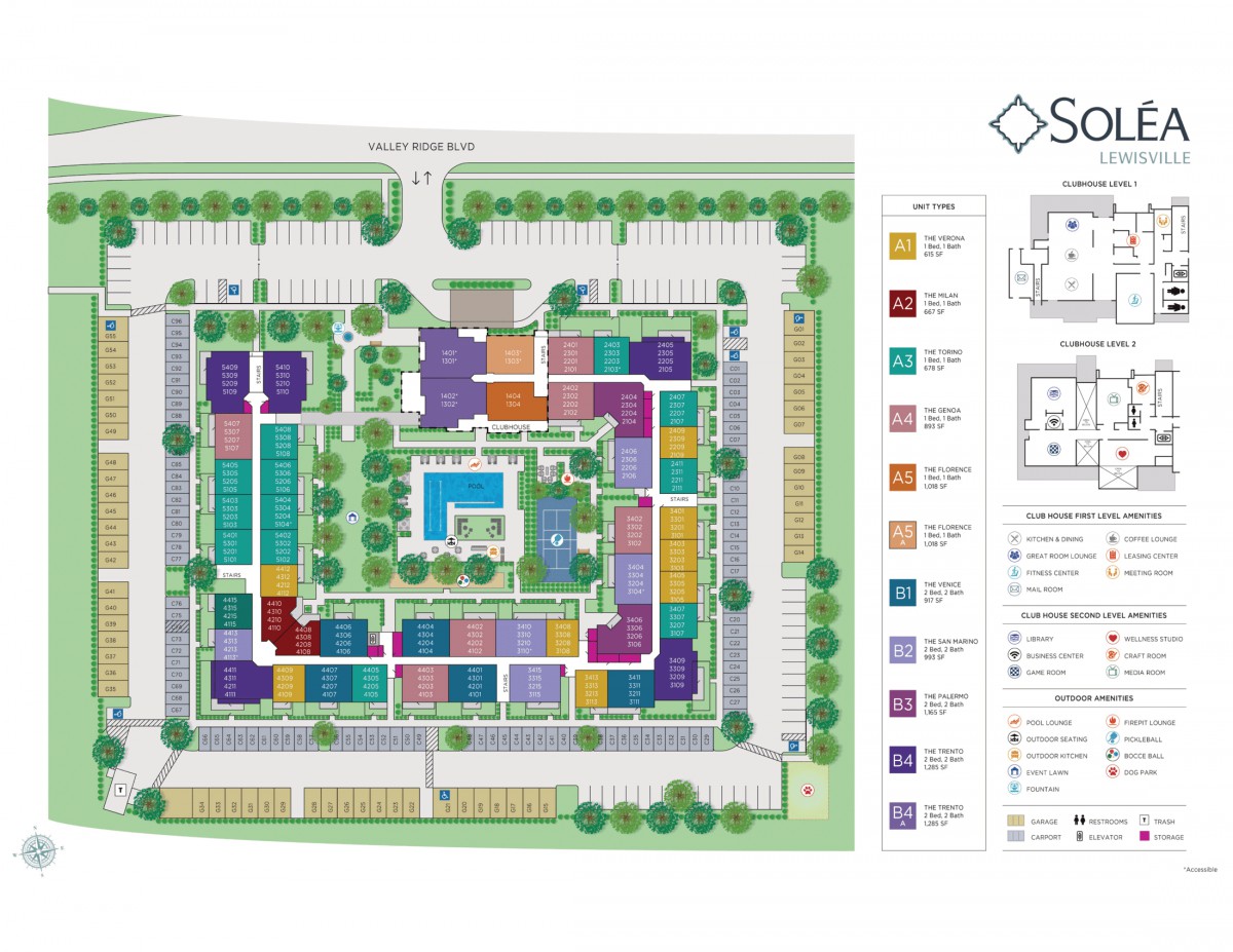 An architectural floor plan of a building complex, showcasing different residential units and amenities.