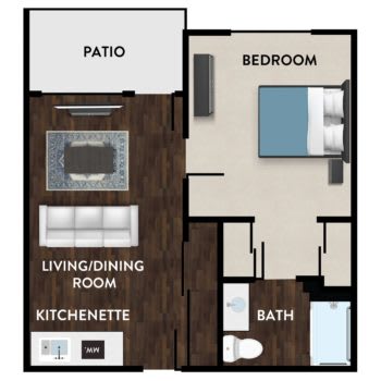 A floor plan of a one-bedroom apartment with a living/dining room, kitchenette, bathroom, bedroom, and patio.