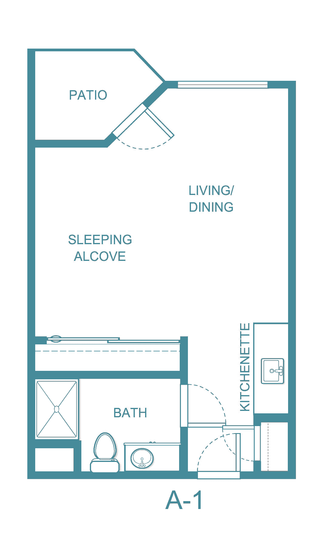 A floor plan of a studio apartment with a sleeping alcove, living/dining area, kitchenette, and bathroom.