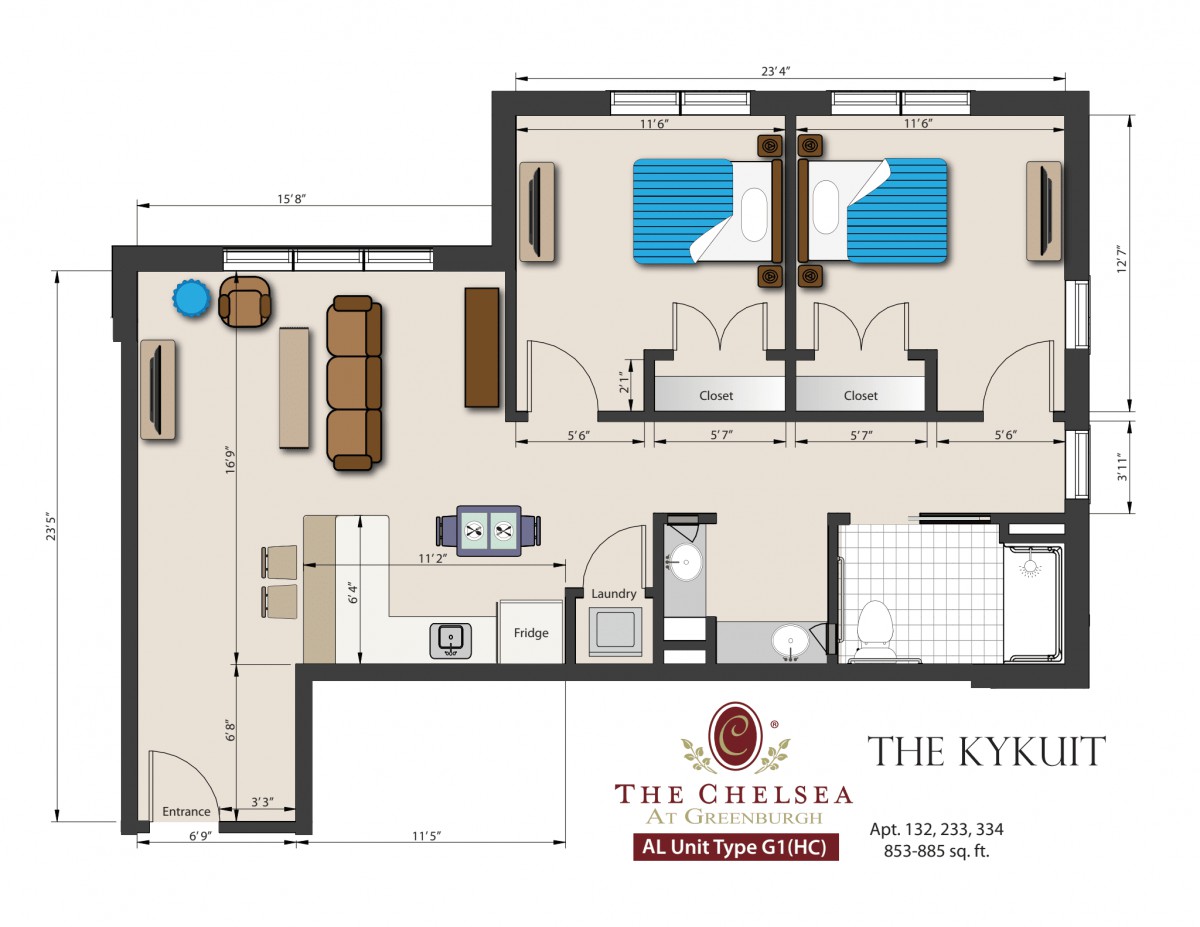 Floor plan of a two-bedroom apartment with labeled rooms.