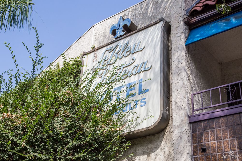 A vintage motel sign partially obscured by foliage on a sunny day.