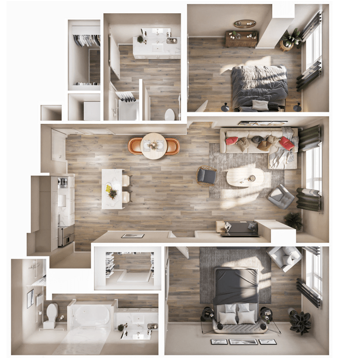 Modern apartment floor plan with detailed furniture arrangement.