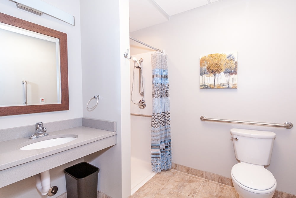A modern bathroom with a shower area, sink, and toilet, decorated with artwork.