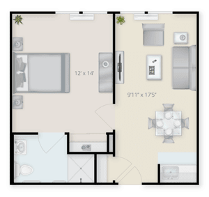 A one-bedroom apartment floor plan with a kitchen, living area, and bathroom.