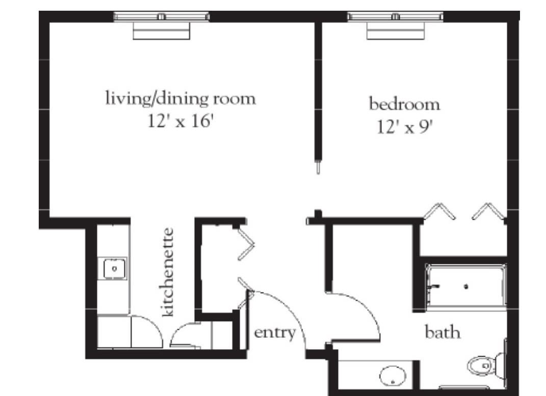 A floor plan of a one-bedroom apartment featuring a living room, kitchenette, entryway, bathroom, and bedroom.