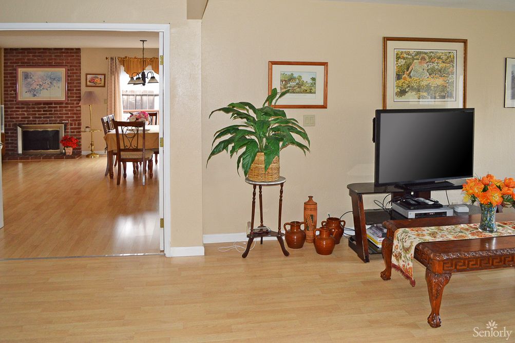 A cozy living room with a television, plant on a stand, and decorative vases, leading into a dining area.