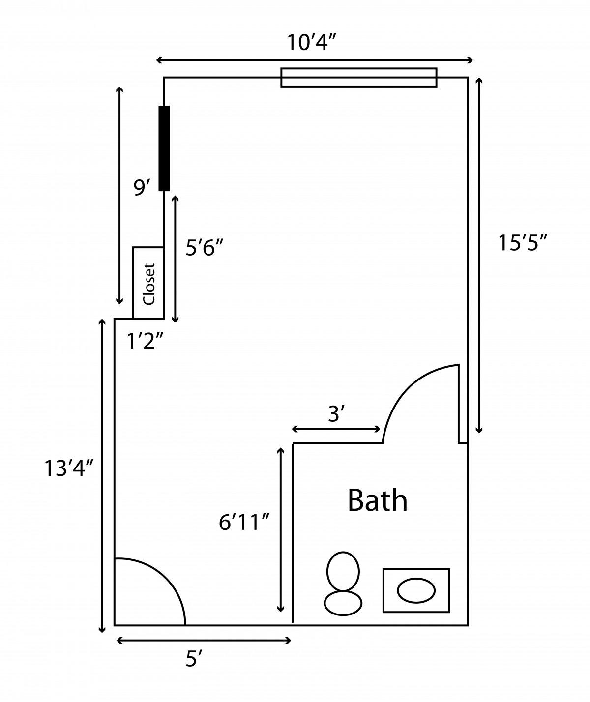A floor plan of a room with dimensions and a bathroom included.