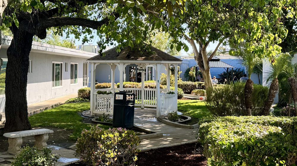 A charming gazebo surrounded by a lush garden under the sunlight.
