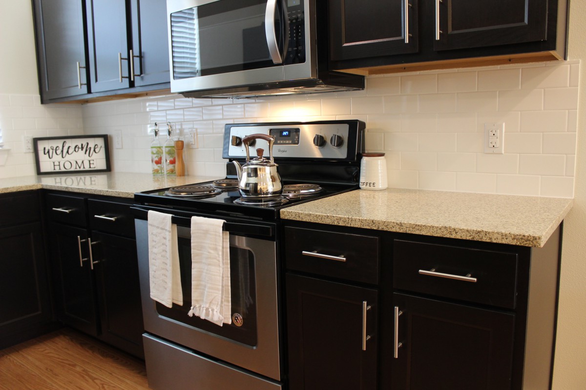 A modern kitchen with stainless steel appliances and dark cabinetry.
