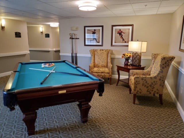 A cozy leisure area with a pool table and comfortable seating.