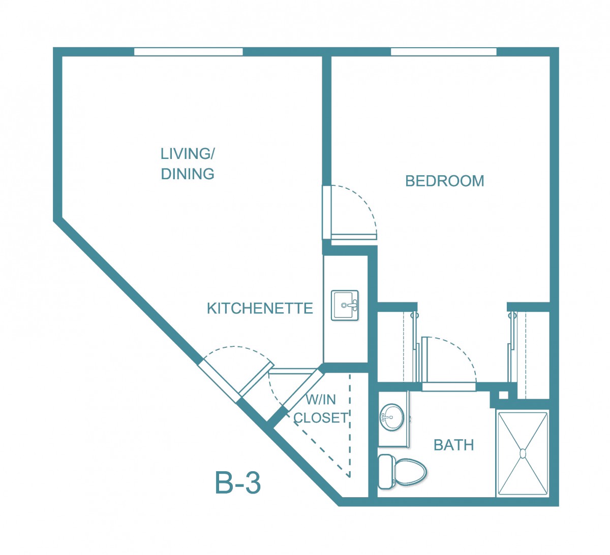 A floor plan of a one-bedroom apartment with designated areas for living/dining, kitchen, bathroom, and bedroom.