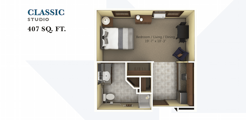 A compact apartment floor plan featuring a bedroom, bathroom, and living area.