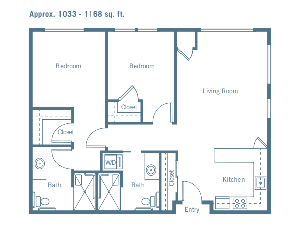 A floor plan illustration of a two-bedroom apartment with two bathrooms, a kitchen, living room, and closets.