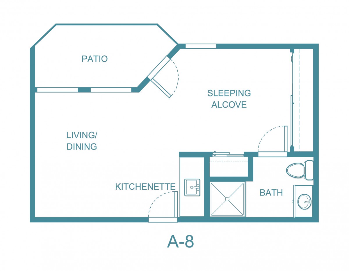 Studio apartment floor plan with patio and sleeping alcove.