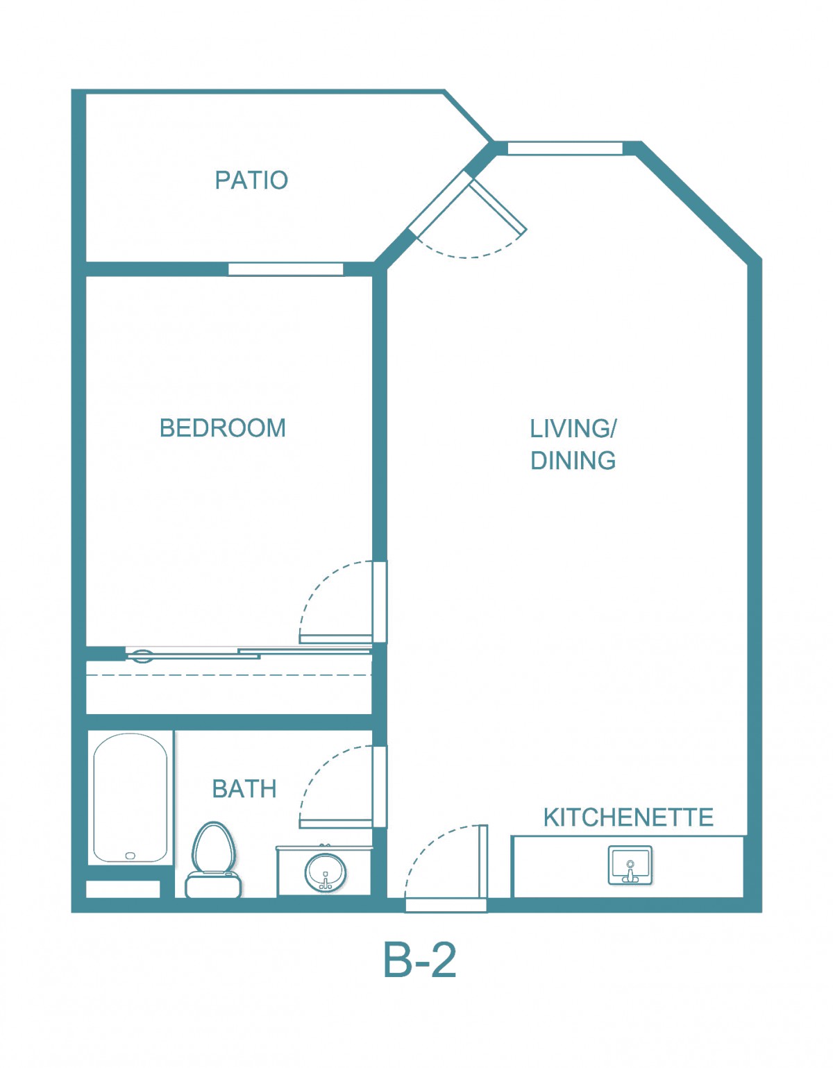 A floor plan of a one-bedroom apartment with a kitchenette, bathroom, living/dining area, and patio.