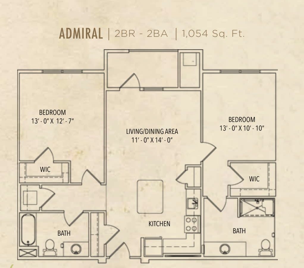 This image shows a floor plan labeled 'Admiral' with a total area of 1054 square feet, featuring two bedrooms, two bathrooms, and a living/dining area.