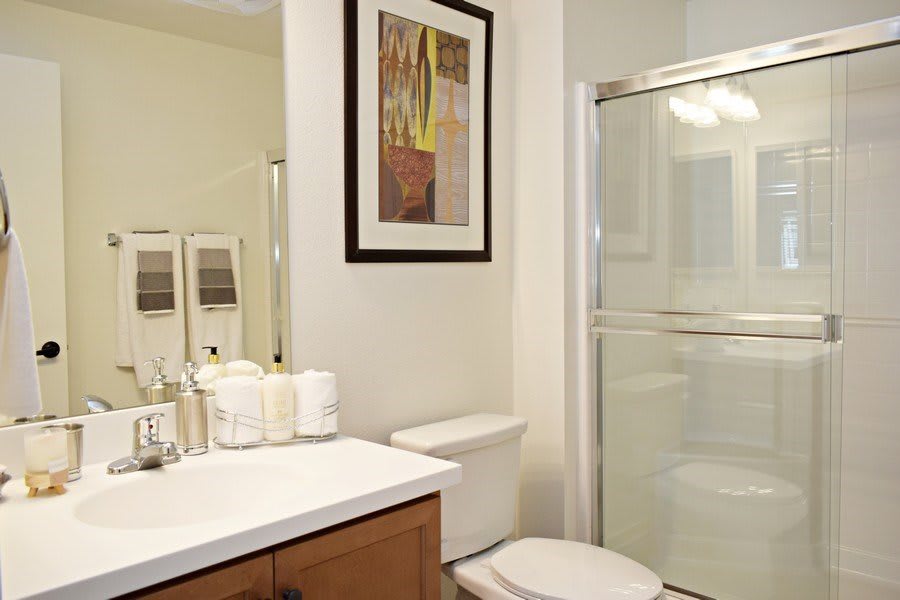 A modern bathroom with a shower, toilet, and countertop next to a framed artwork.