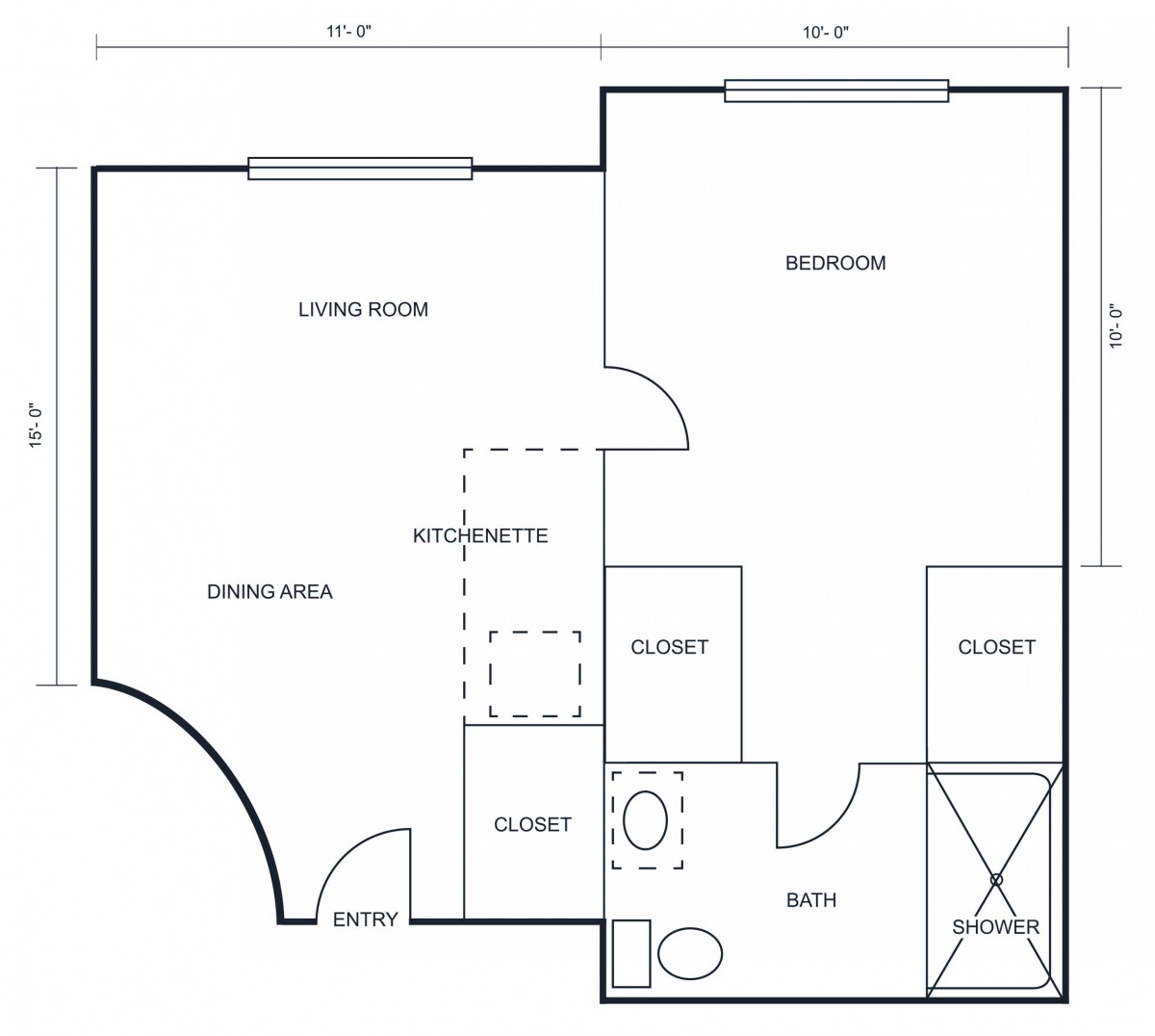 A detailed floor plan of an apartment showing living room, bedroom, kitchen, and bathroom layout.