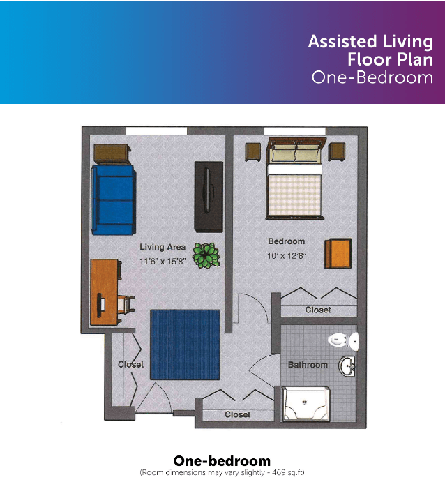 Illustrated floor plan of an assisted living one-bedroom apartment.
