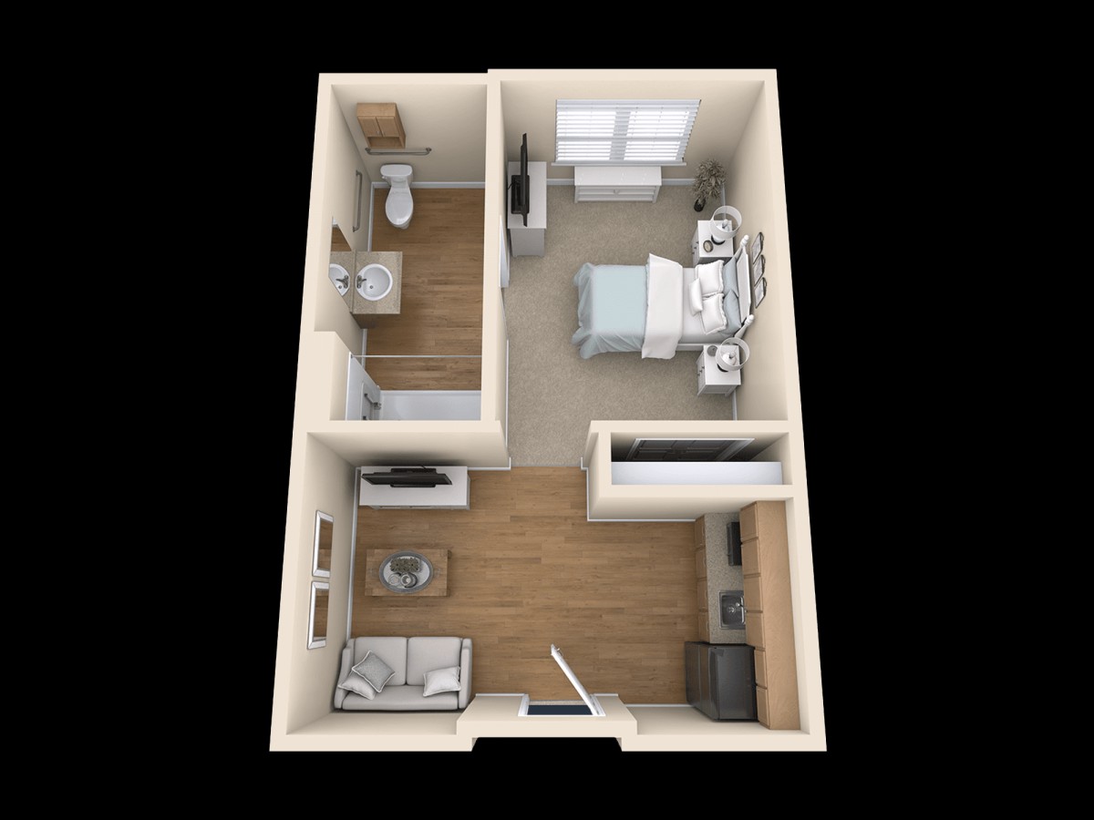 A modern 1-bedroom apartment floor plan featuring a living room, kitchen, and bathroom.
