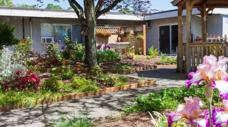 A beautifully landscaped garden with colorful flowers and a central tree, adjacent to a modern patio area.
