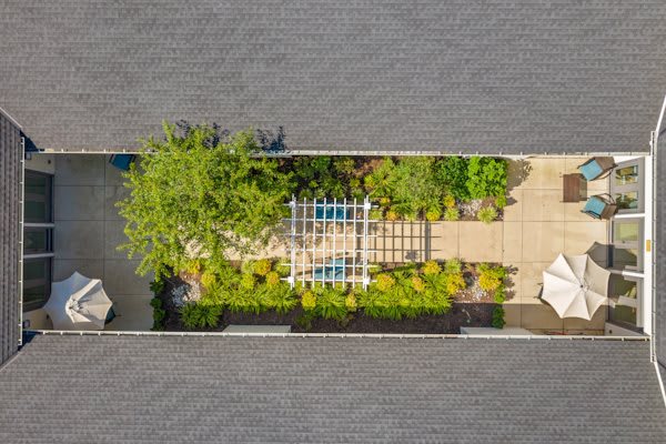 Aerial view of a rooftop garden featuring lush greenery and a pergola.