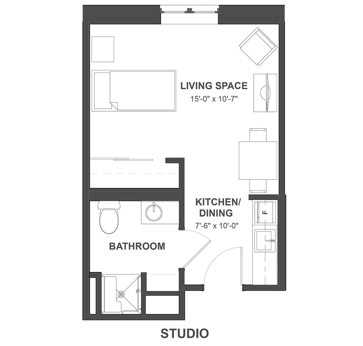 Studio apartment floor plan with a living space, kitchen/dining area, and bathroom.