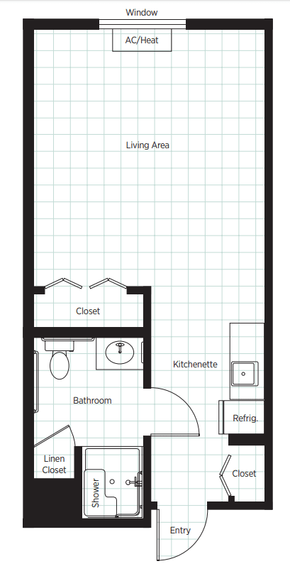 Studio apartment floor plan with living area, kitchenette, bathroom, and closet.