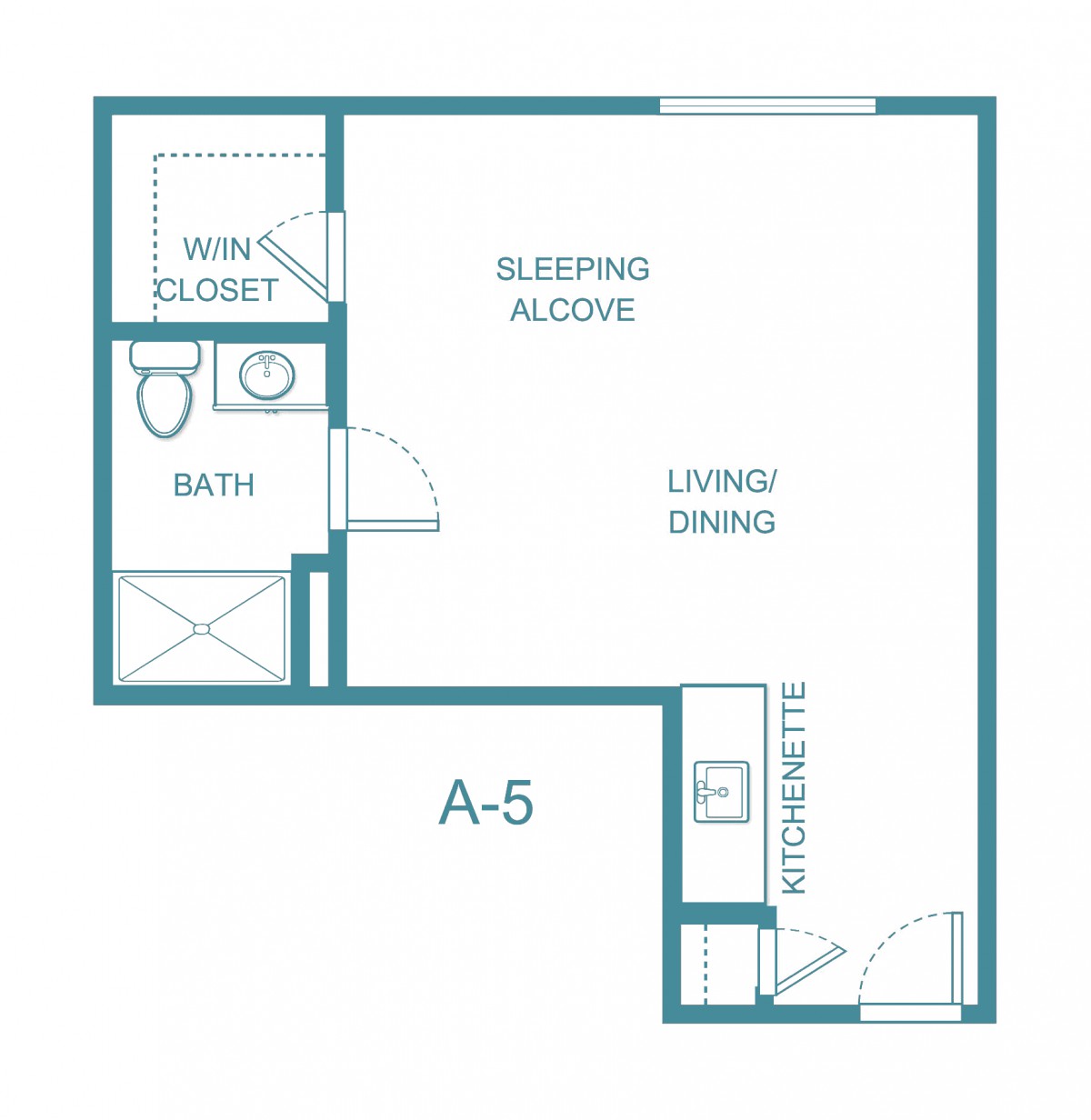 A floor plan of a studio apartment featuring a sleeping alcove, living/dining area, bathroom, and main closet.