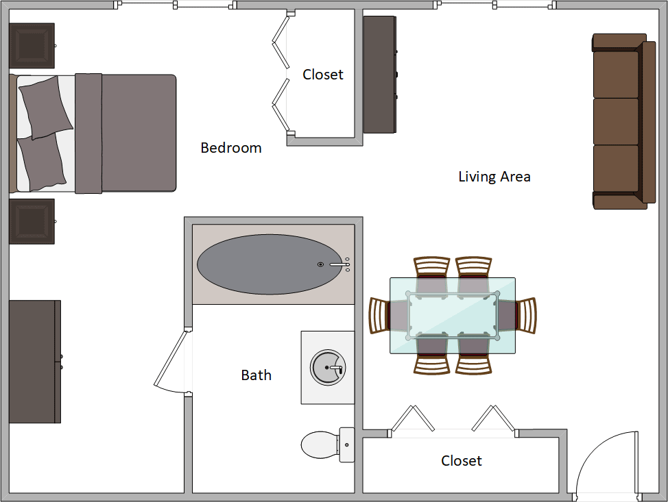 A simple floor plan featuring a bedroom, bathroom, living area, dining area, and closets.
