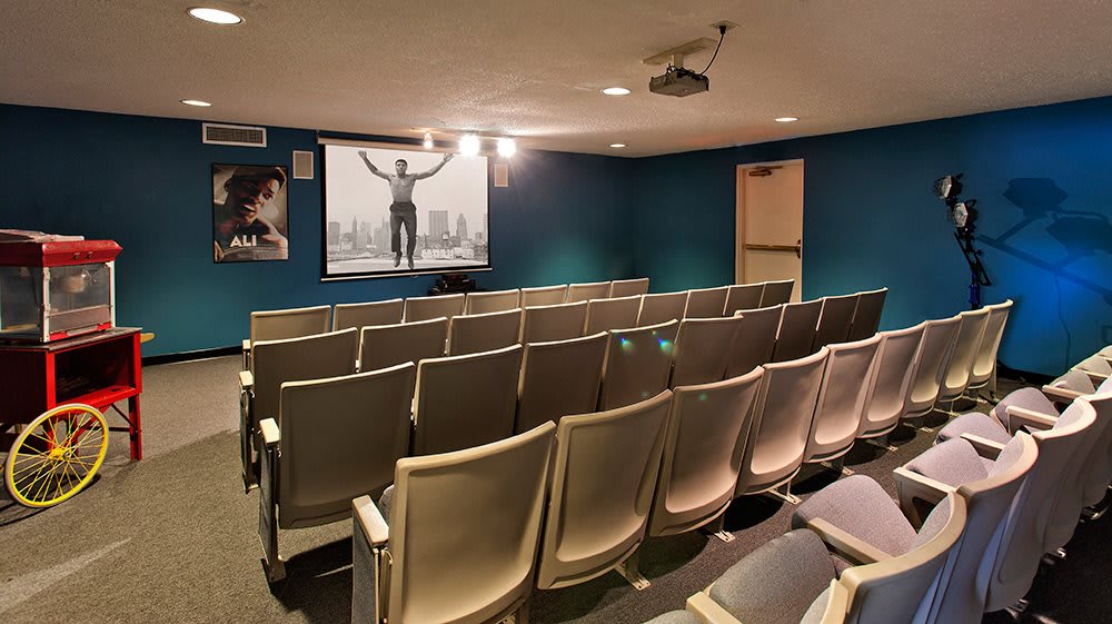 A small, cozy screening room with rows of chairs facing a projector screen.