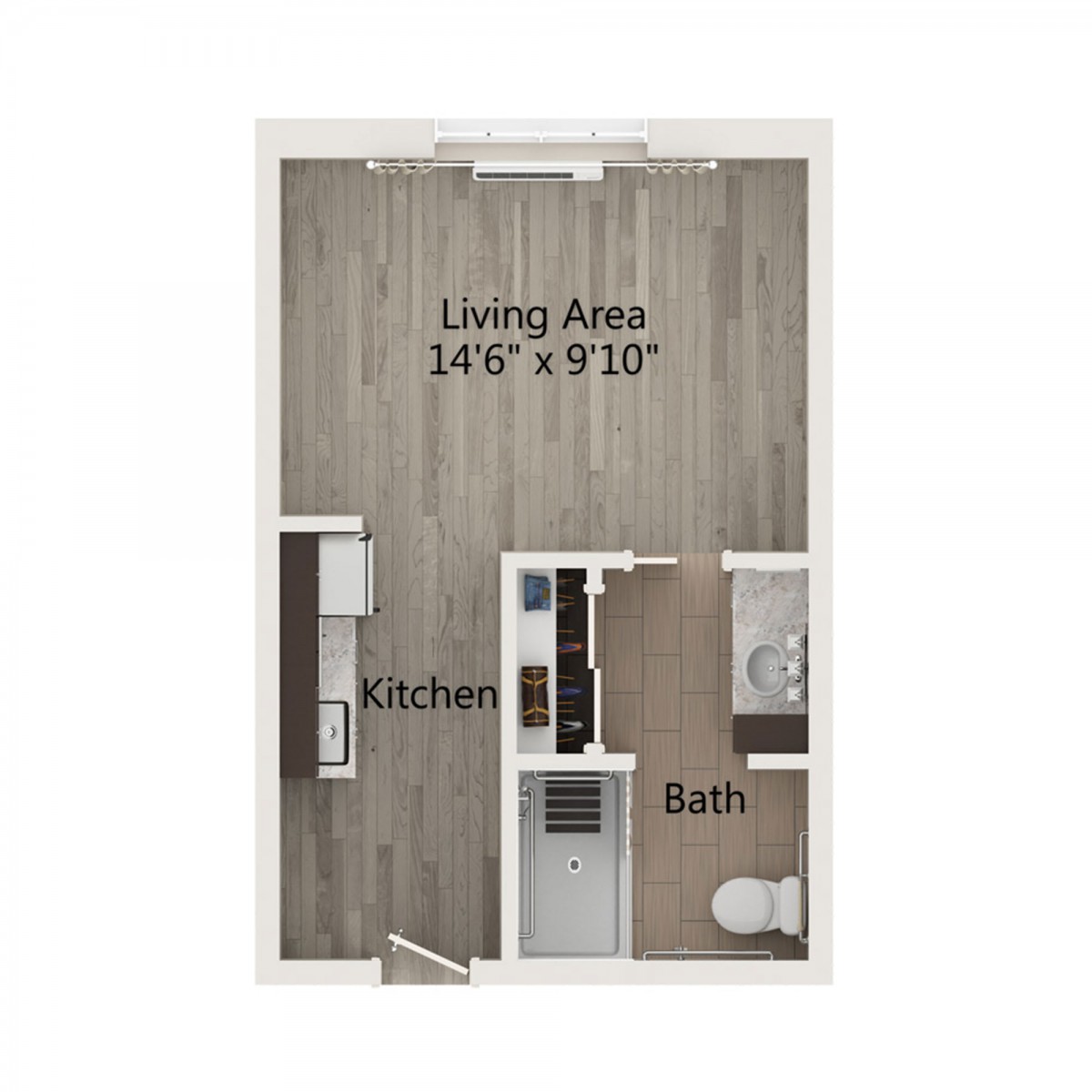 Floor plan of a studio apartment featuring a living area, kitchen, and bathroom.
