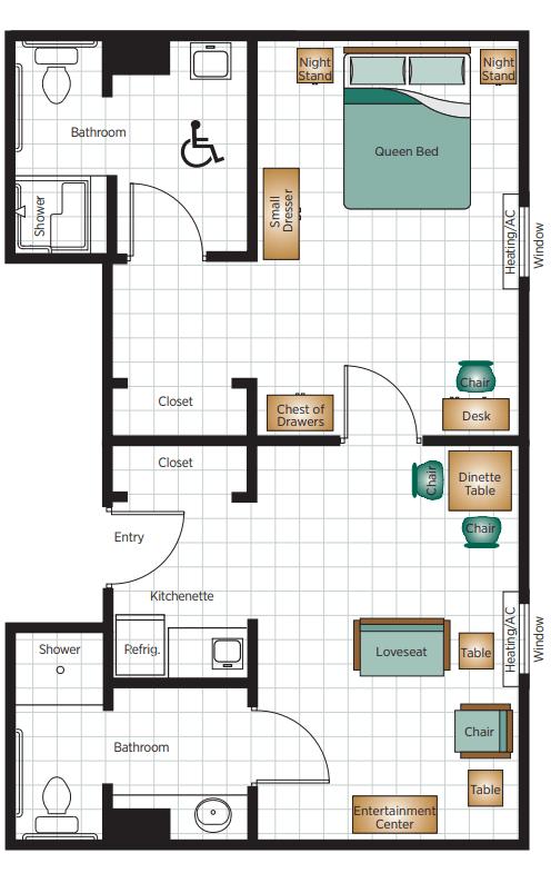 An apartment floor plan showcasing room layout and furniture arrangement.