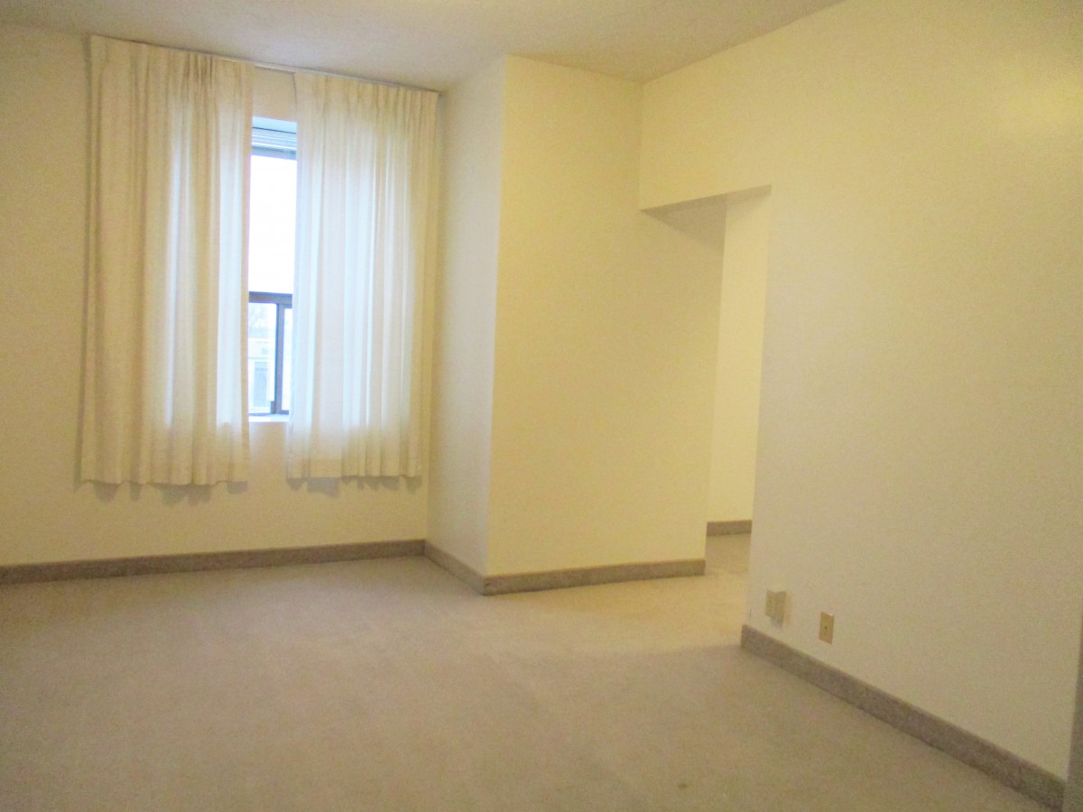 A vacant room featuring a window with sheer curtains and carpeted flooring.