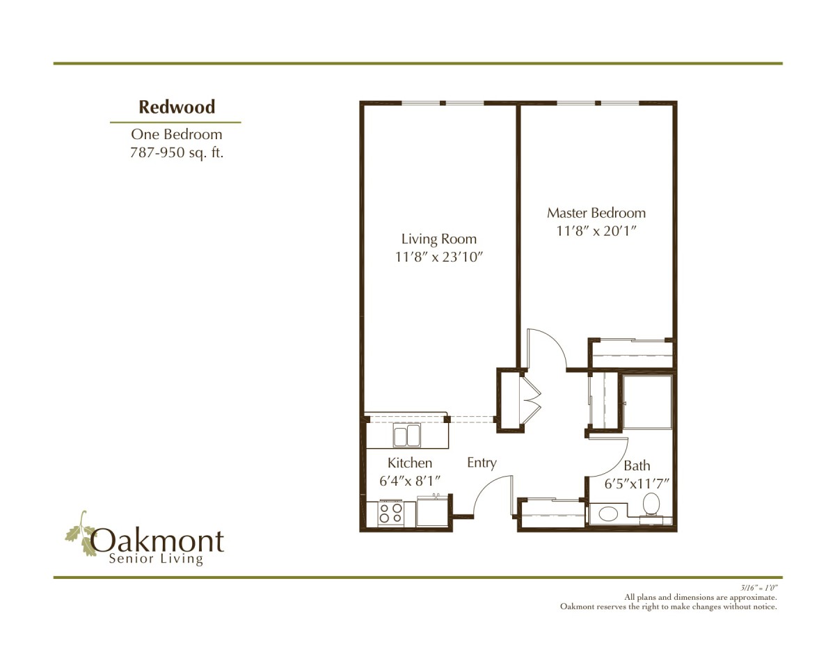 A one-bedroom apartment floor plan featuring a living room, kitchen, master bedroom, and bathroom.
