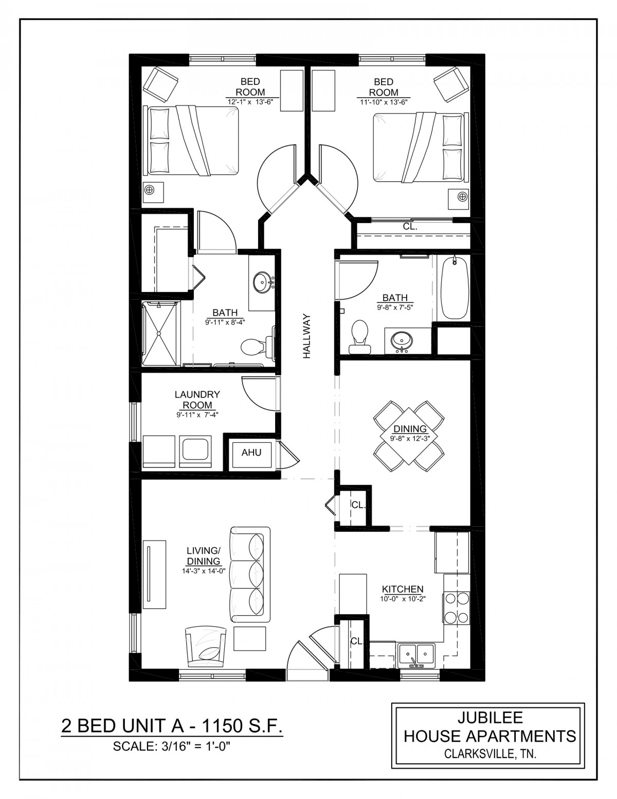 A detailed floor plan of an apartment featuring two bedrooms, a living area, kitchen, and bathrooms.