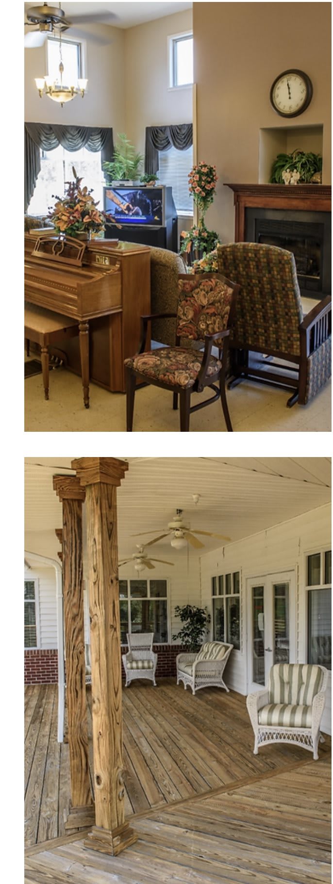 A cozy living space featuring a piano and chairs, complemented by rustic wooden columns and a ceiling fan.