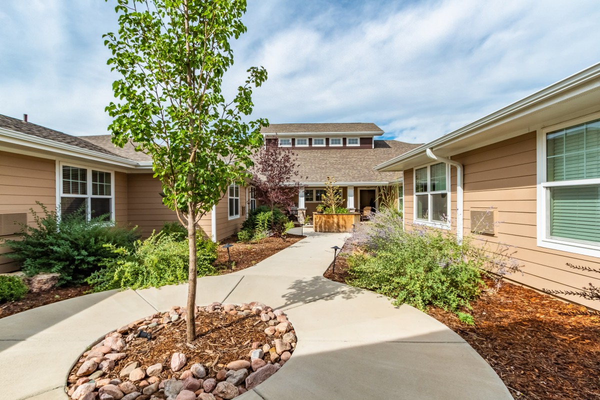 A well-maintained garden path leading to a modern building entrance.