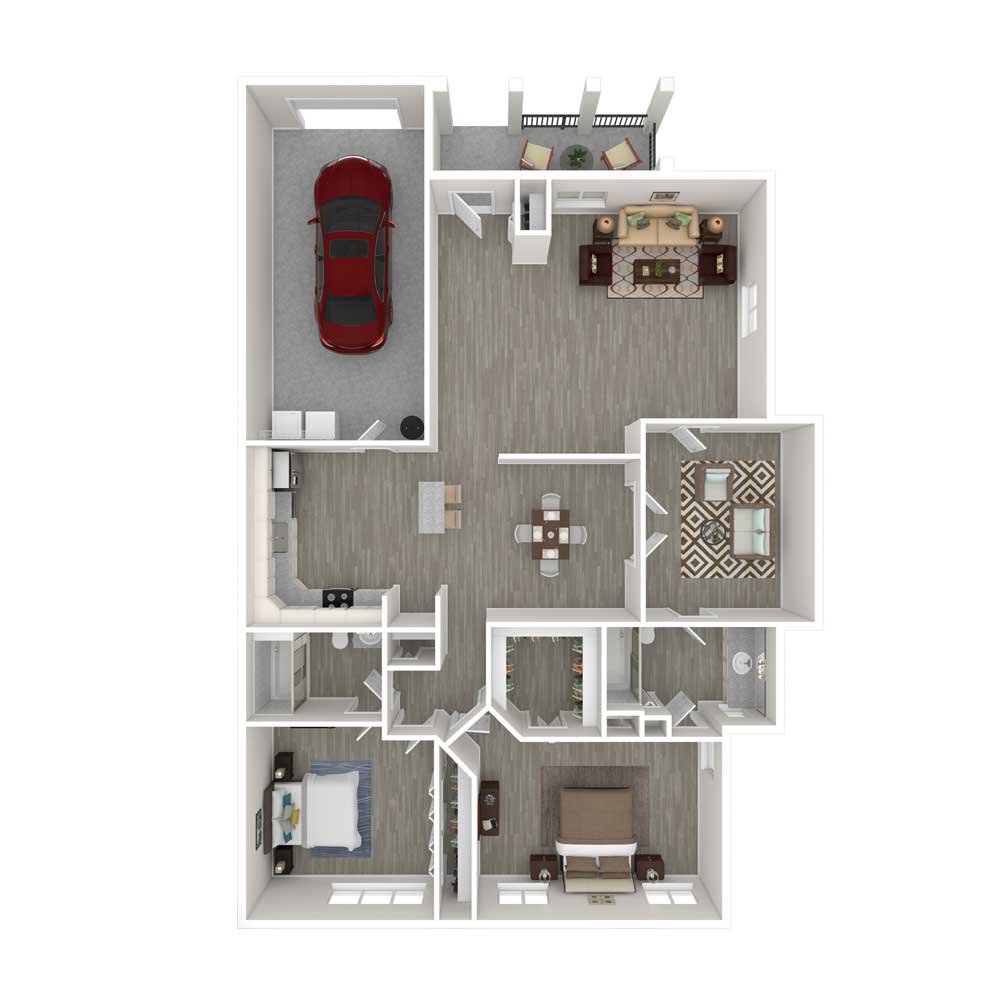 A 3D floor plan displaying the layout of a residential home, featuring areas such as a garage, living room, kitchen, and multiple bedrooms.