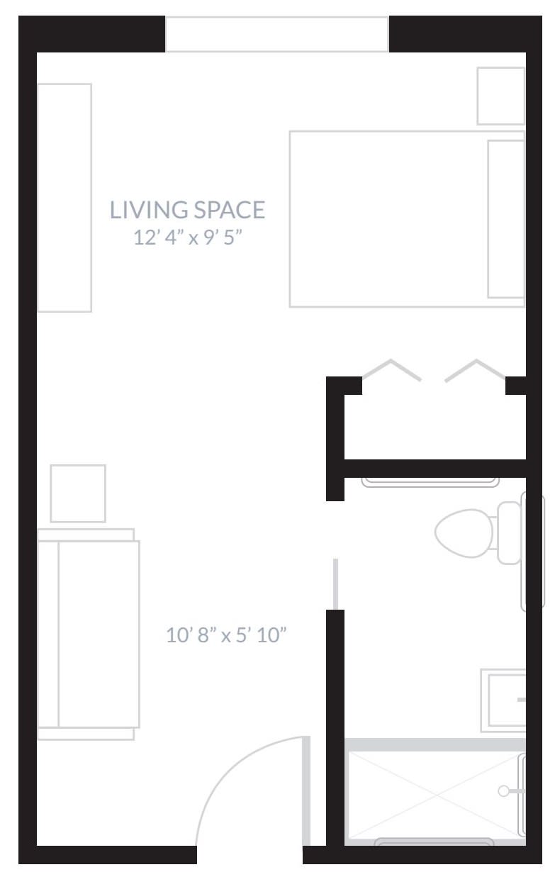 A compact apartment floor plan featuring a living space and bathroom.
