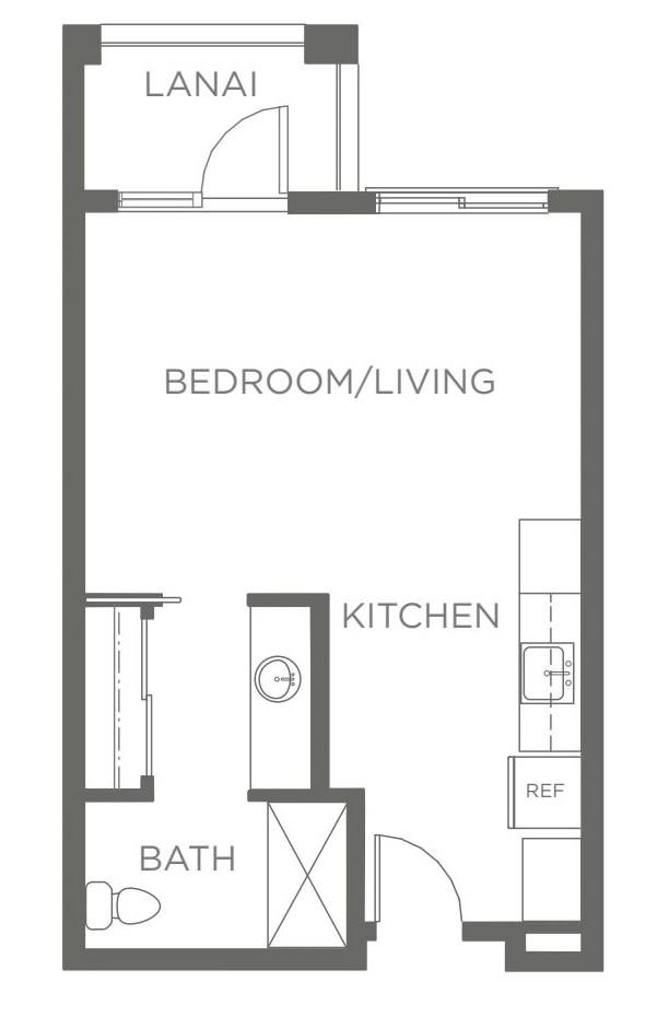Studio apartment floor plan showing a combined bedroom/living area and kitchen.