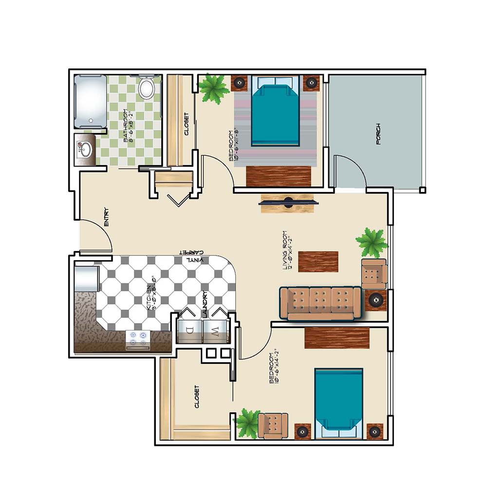 A floor plan illustration of a two-bedroom apartment with a living room, kitchen, and bathroom.