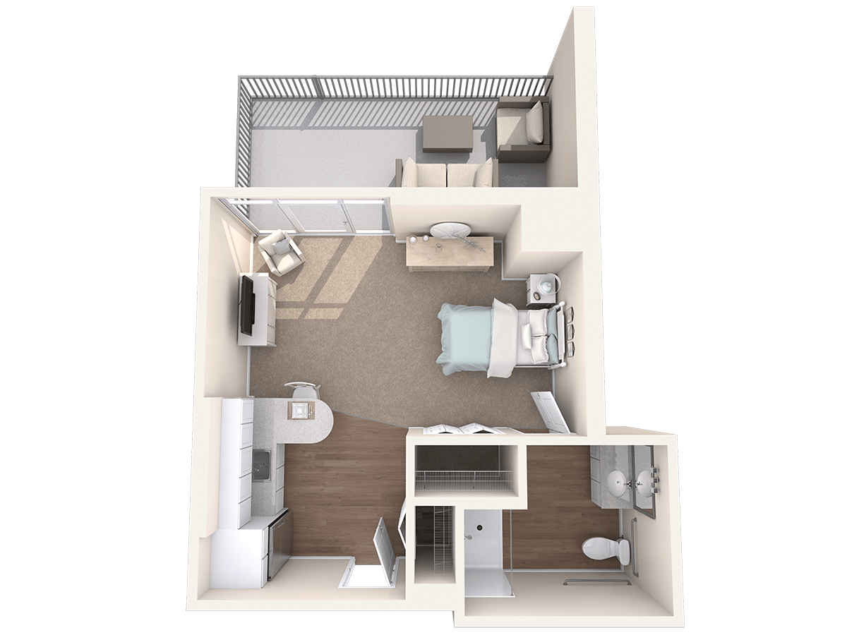 A compact, one-bedroom apartment floor plan with designated living, kitchen, and bathroom areas.